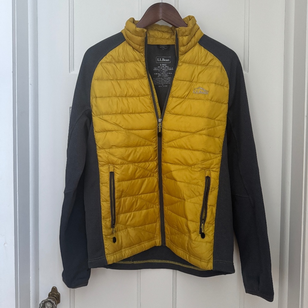 L.L. Bean Mens S Yellow/Gray Goose Down 850 Puffer Front Fleece Jacket